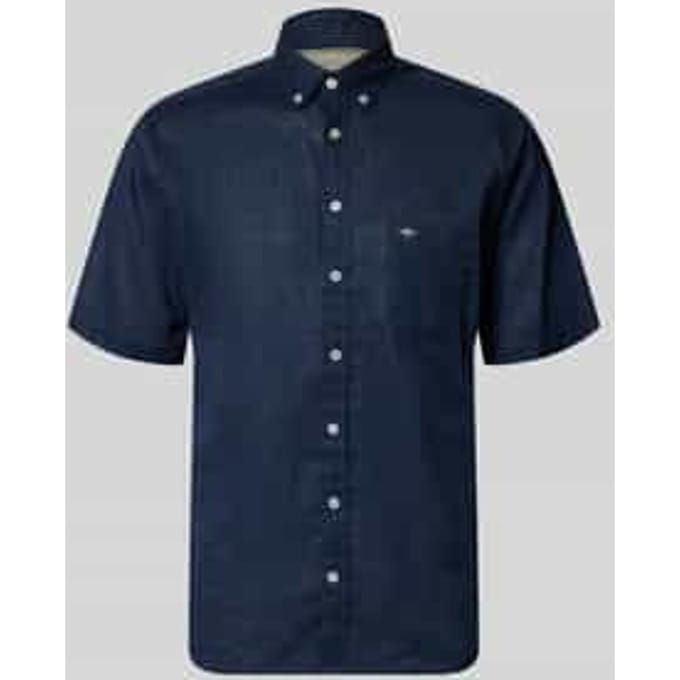 Fynch-Hatton Overhemd Short Sleeve Linnen Cotton Solid Color Button-Down Marine / male