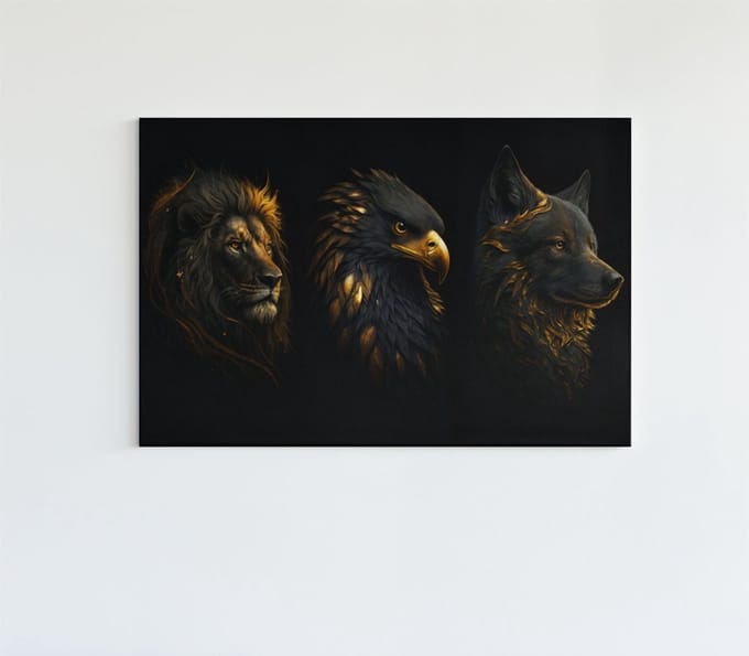 Canvas Schilderij - Wilde Dieren - Leeuw - Adelaar - Wolf - 90x60x2 cm