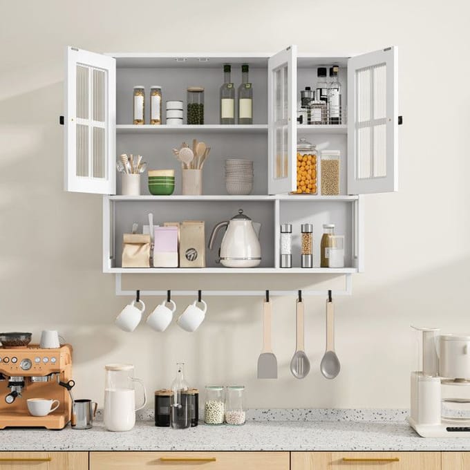 Wandkast voor de badkamer met open en verborgen opbergvakken, witte afwerking wit