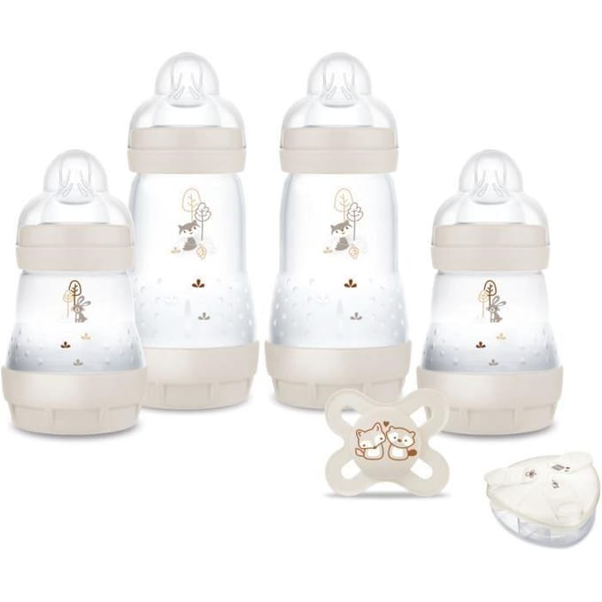 Coffret Naissance - MAM - 4 Biberons + 1 Sucette + 1 Boîte doseuse - Sable