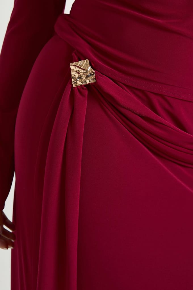 boohoo Dames Plus Size Maxi Rok Met Draperie Detail | Wijn | Maat: 48