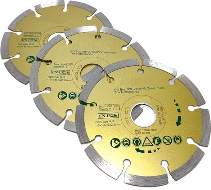 3x Diamantschijf 115mm segment slijpschijf getand Droog / nat Type diamant schijf