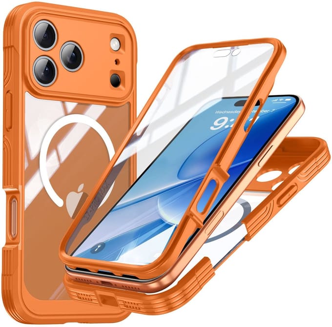 Telefoonhoes compatibel met iPhone 17 Pro Max — Magnetisch draadloos, ingebouwde PET schermbeschermer, stofplug, Oranje