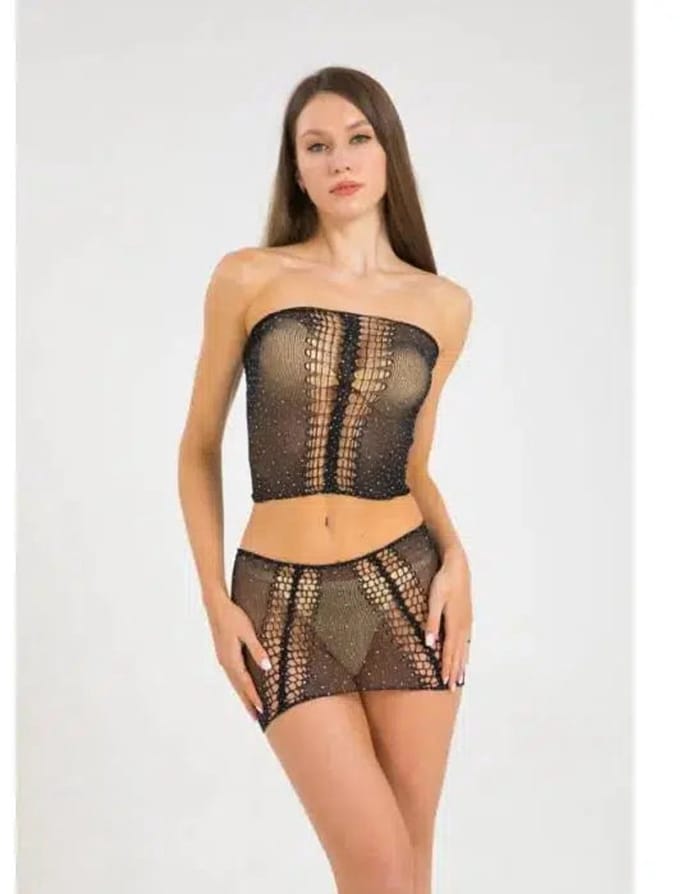 Cindylove - Rokje en Topje met Strass Steentjes - One size - Zwart