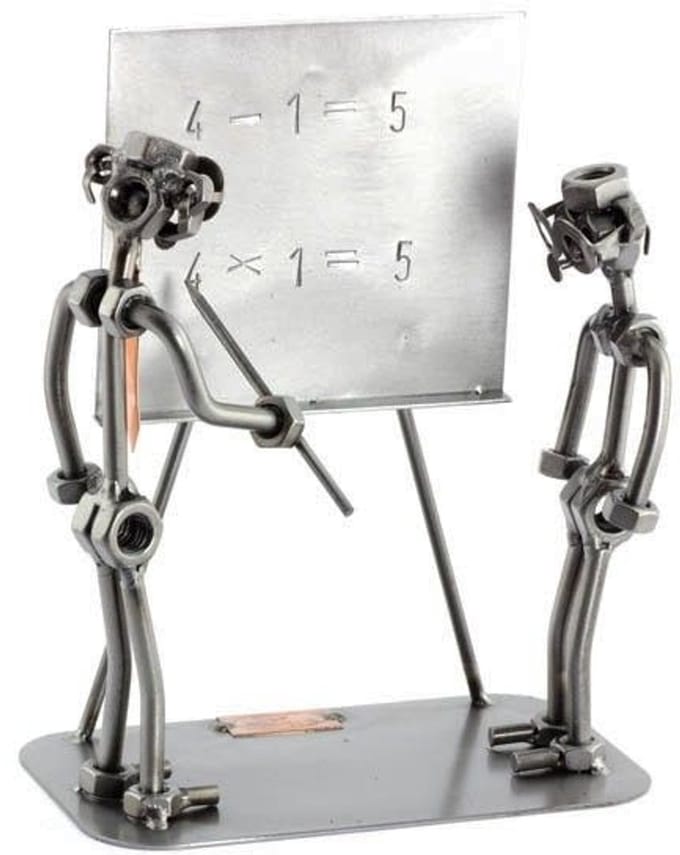 Metalen beeldje - Leraar met leerling - Schoolbord - Moerenbeeldjes - By Rawa