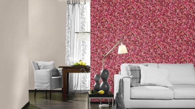 Vliesbehang Rood met Roze Bladeren - De Tuinen