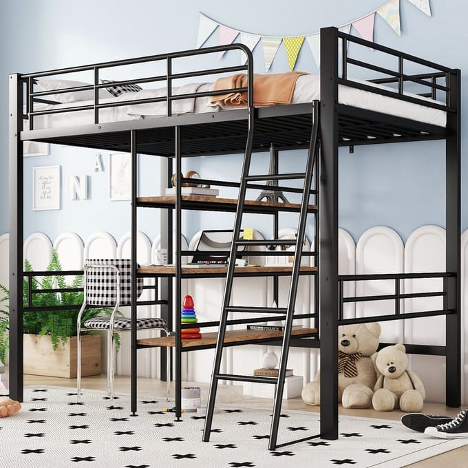 Hoogslaper - 90 x 200 cm - Met Bureau en Planken - Metaal Frame - Zwart