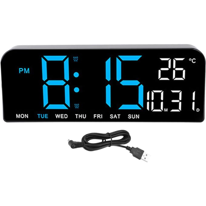 Digitale wekker, groot LED-display, bureauklok met temperatuur, datum en weekweergave, instelbaar blue