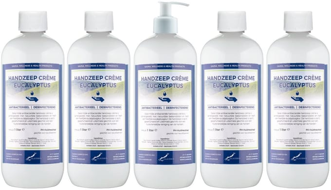 Handzeep Crème Eucalyptus 1 liter - set van 5 stuks - met gratis pomp - Voordeelverpakking