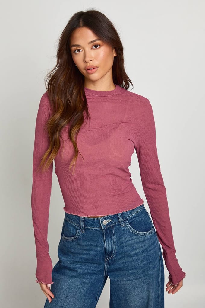 boohoo Dames Geribbeld getextureerd mesh top met lange mouwen | Rose Pink | Maat: 6