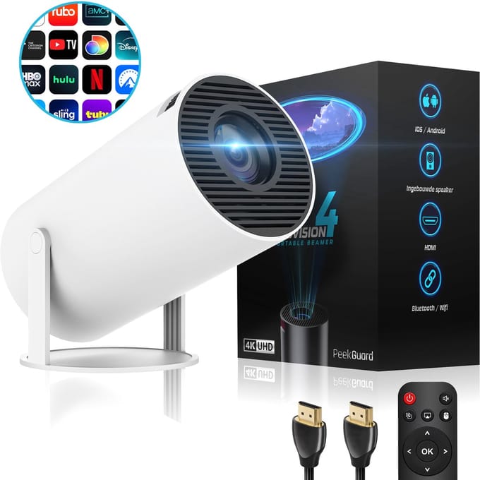 PEEKGUARD® ProVision 4 - Mini Beamer Wit - WiFi - HDMI - Bluetooth - 4K support Beamers Scherm - Apple & Android - Projector Draagbaar - Incl. HDMI kabel & Afstandsbediening