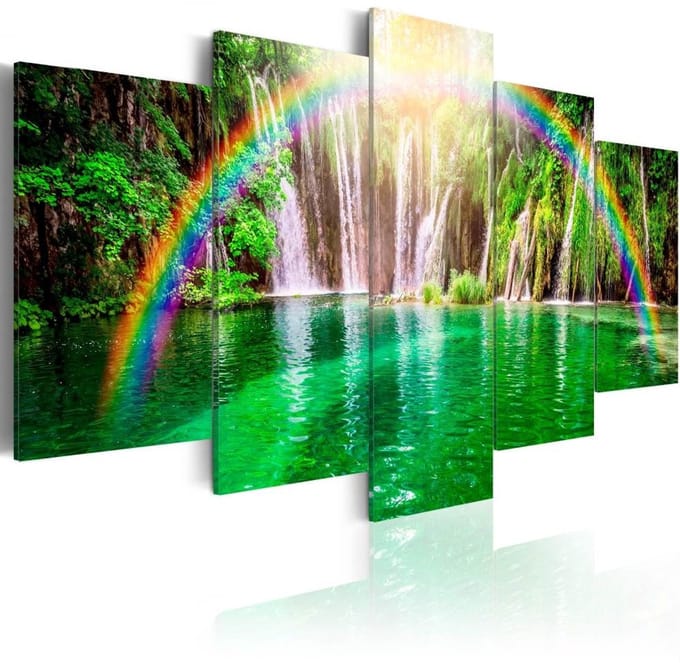 Schilderij - Waterval en Regenboog , 5 luik