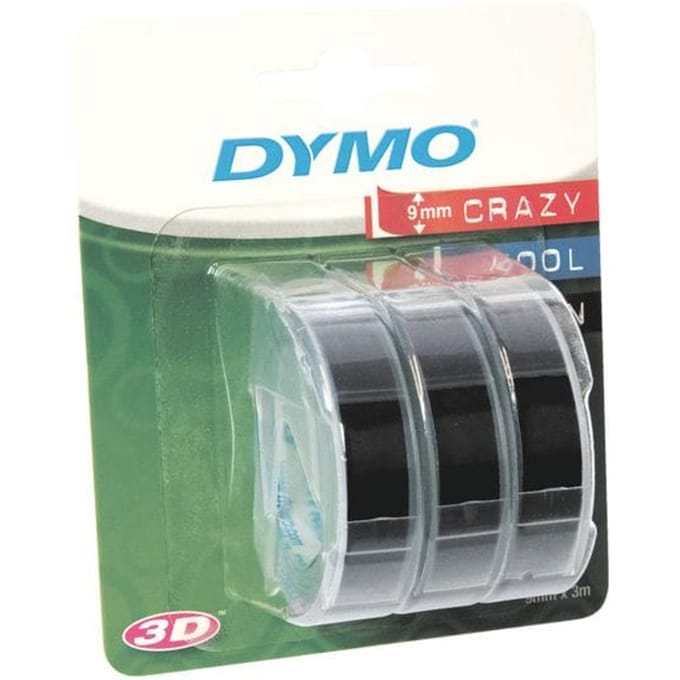 Reliëftape Dymo embossing plastic 9mm zwart op wit 3 stuks