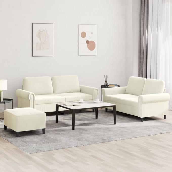 vidaXL - 3-delige - Loungeset - met - kussens - fluweel - crèmekleurig