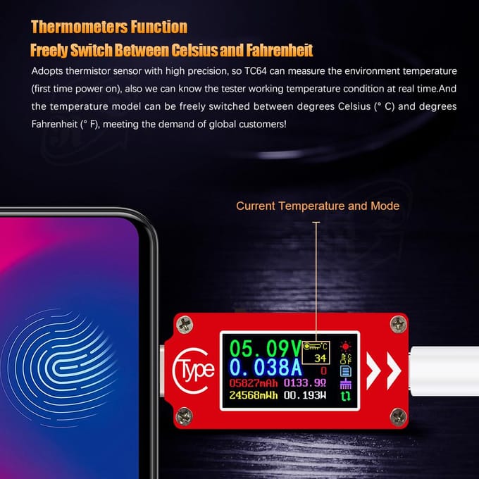 TC64 Type-C kleuren-LCD-scherm USB-voltmeter Ampèremeter Spannings-stroommeter Multimeter Batterij PD