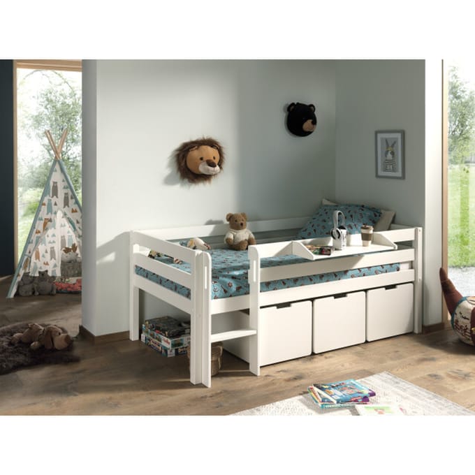 LUCEVI - Pino Halfhoogslaper H85CM + Ladder + Set van 3 Laden + Hangplank - Wit - 90x200 cm