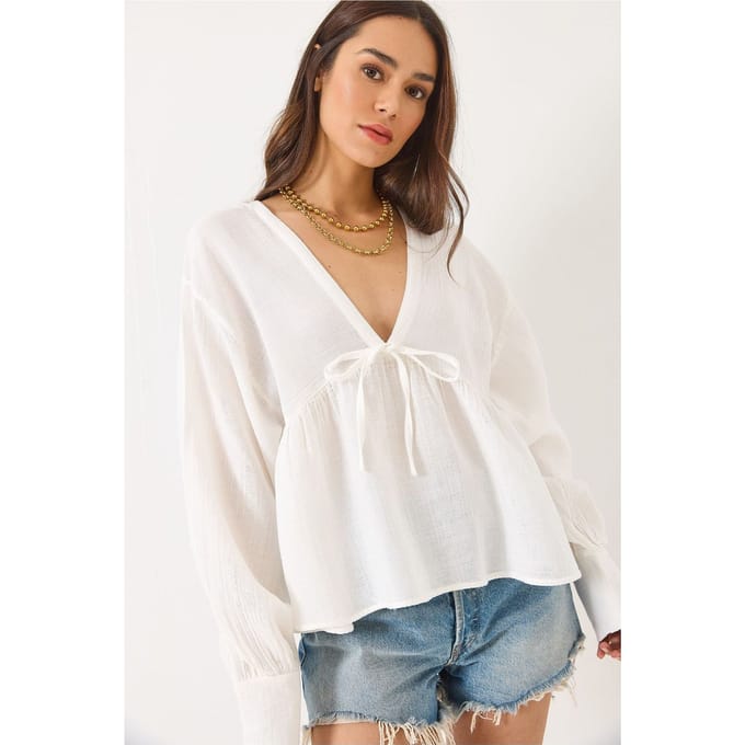Textured V-hals Crop Blouse met Strik
