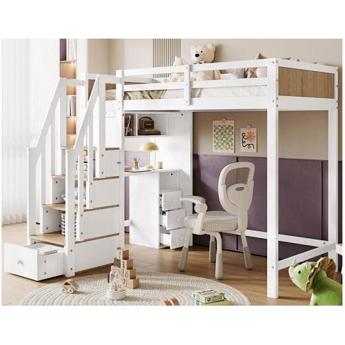 ModernLuxe Houten tussenbed - 90x200 cm - met bureau, planken en opbergtrap - Wit