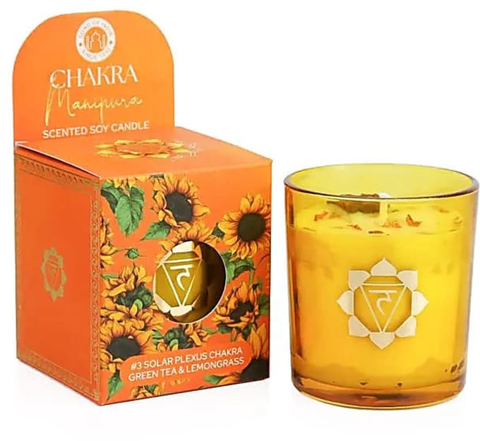 Soja geurkaars Manipura chakra groene thee & citroengras – Ø7 cm x 8 cm