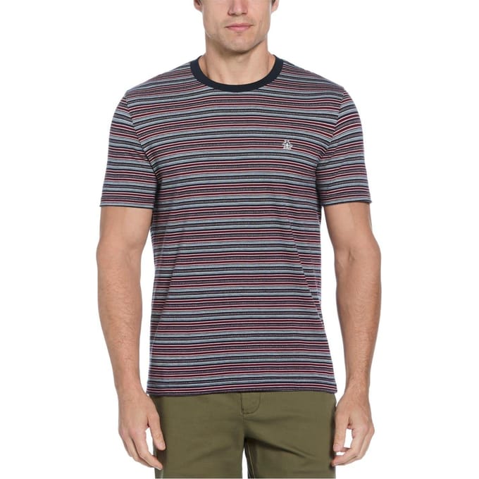 Original Penguin Heren Gestreepte Jersey Crew Neck T-shirt (Donker Saffier)