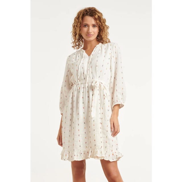 Smashed Lemon Witte jurk met subtiele multicolor details en ceintuur |