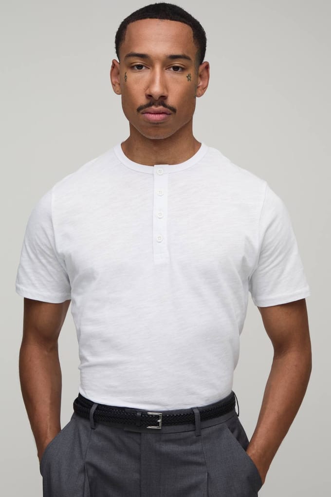 Slim Fit Slub Henley T-Shirt | White | Size Medium