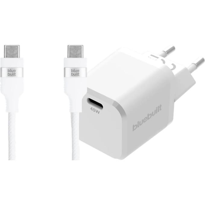 BlueBuilt Power Delivery Oplader 45W + Usb C Kabel 1,5m Nylon Wit