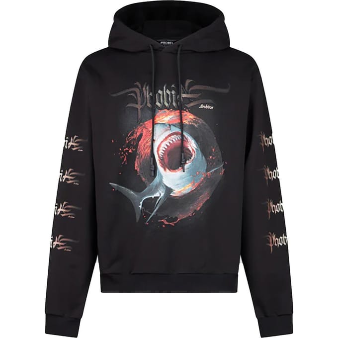 Lichtgewicht herensweatshirt met capuchon en haaienprint, zwart