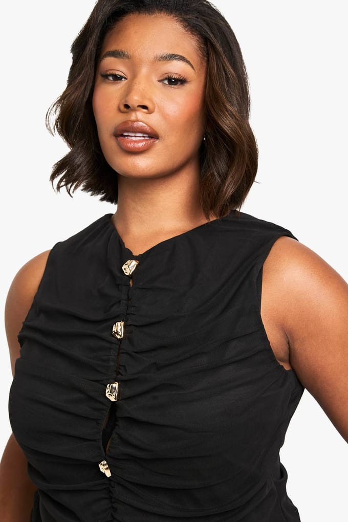 boohoo Dames Plus V-hals Gouden Knop Top | Zwart | Maat: 54