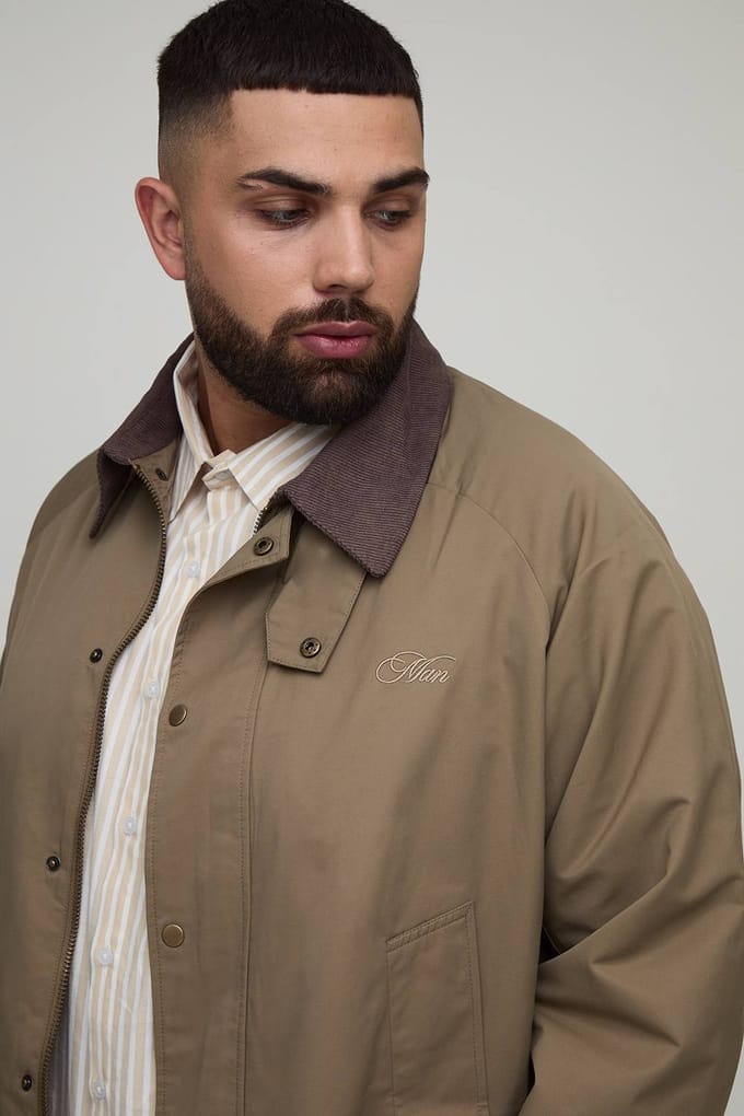 Plus Cord Collar Embroidered Worker Jacket | Stone | Size 2XL