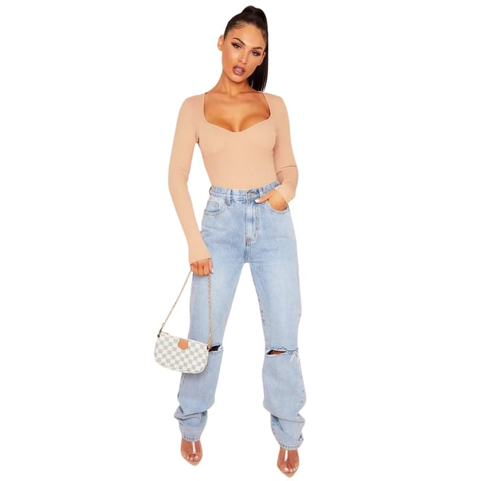 Missy Empire Damesbodysuit met cups en geribde lange mouwen (Rose)