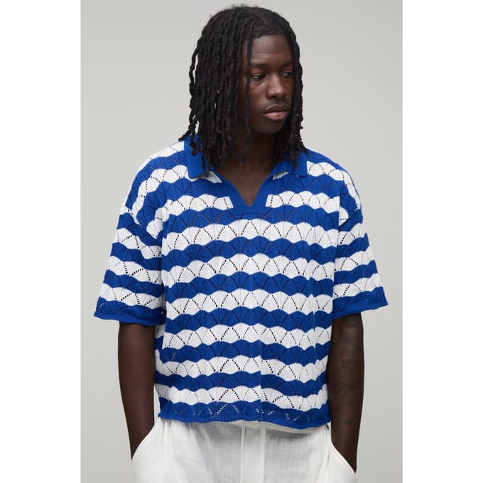 Oversized Boxy Wavy Open Stitch Knitted Polo T-Shirt | Blue | Size Medium