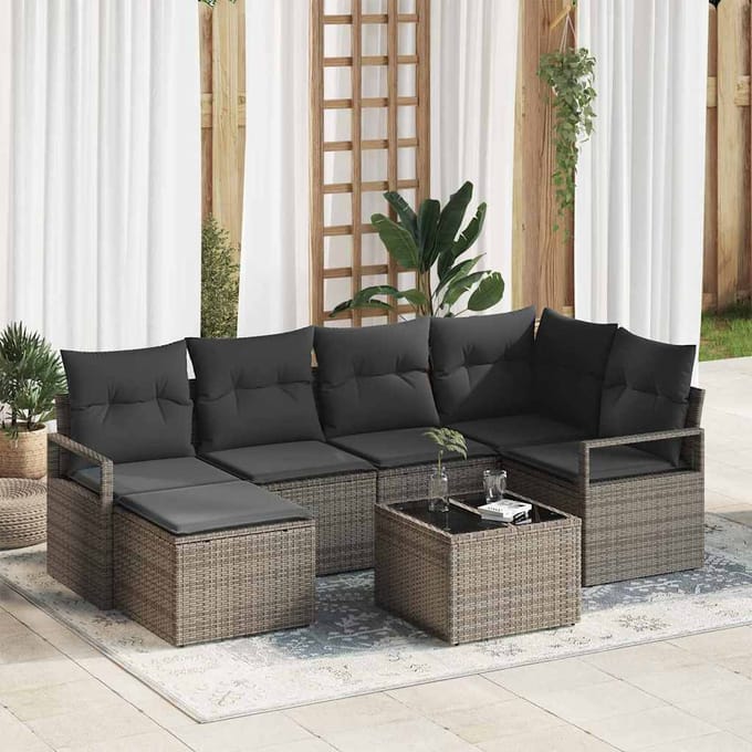 vidaXL Bankstel met kussen met opslag 7 pcs Lichtgrijs poly rattan