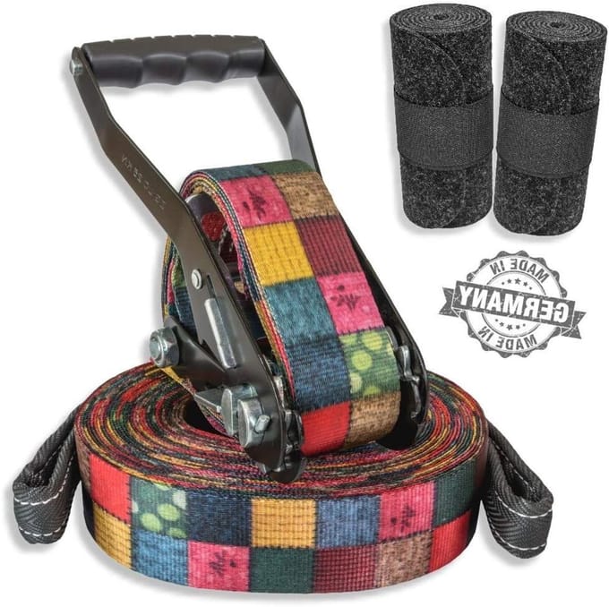 BUZZARD Patchwork - duurzame slackline set 15 m met boombescherming 120 cm - Made in Germany