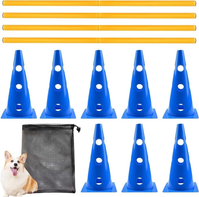 Honden Springspel - Behendigheidscursus - Hondentraining - Interactief Obstakelsysteem - Verstelbaar - Blauw Geel
