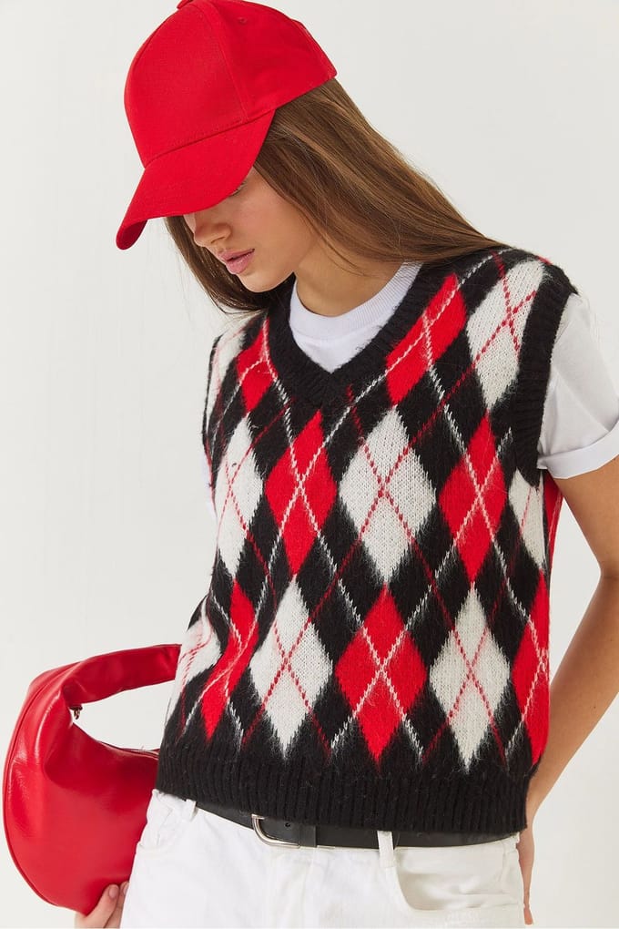 V-hals Geribbelde Brei Sweater Vest met Baklava Patroon