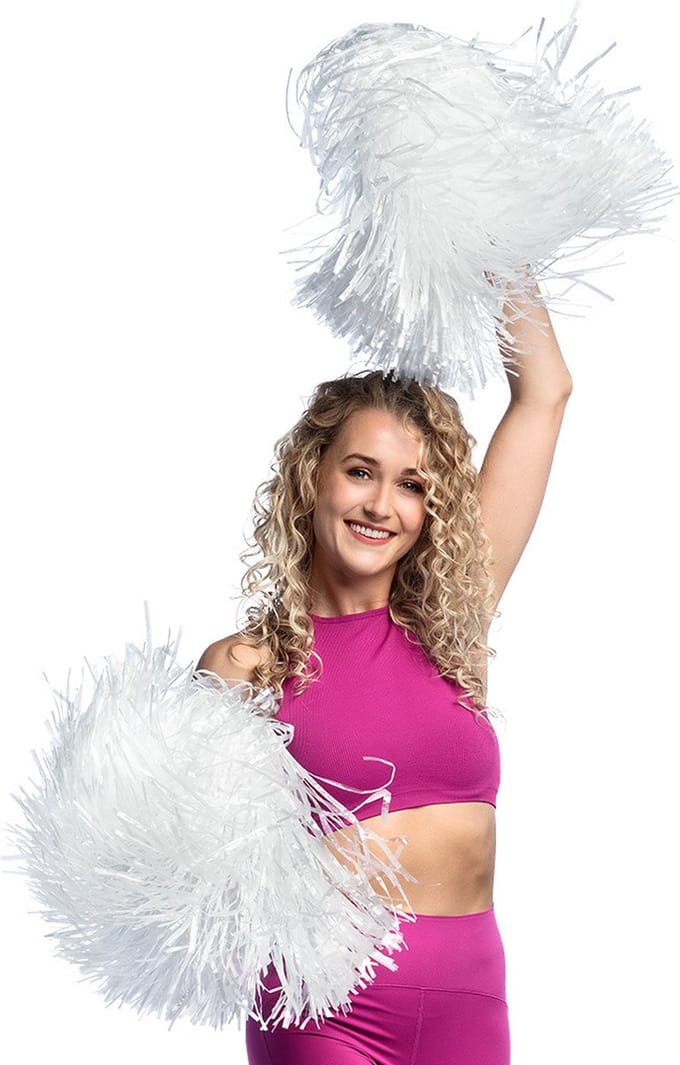 Boland Cheerballs/pompoms - 2x - wit - met franjes en ring handgreep - 28 cm - voor cheerleaders