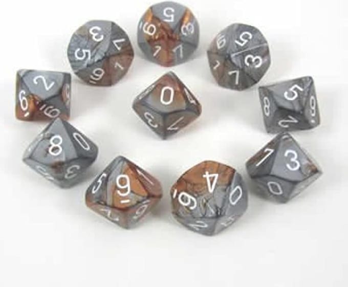 Chessex Gemini koper-staal/wit D10 Dobbelsteenset (10 stuks)