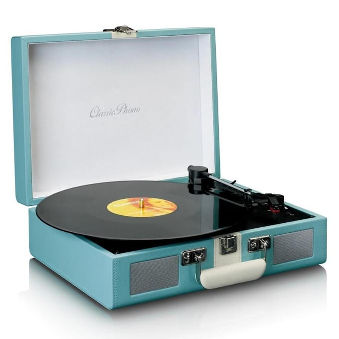 Classic Phono Retro Platenspeler - Vinyl Koffer met Bluetooth - Auto-stop - TT-110BUWH - Blauw Wit