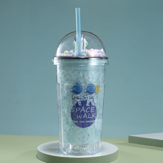 Waterbeker Cartoon Astronaut Dubbele Plastic Beker Student Zomer Hoogwaardig Cadeau Strobeker 450ML