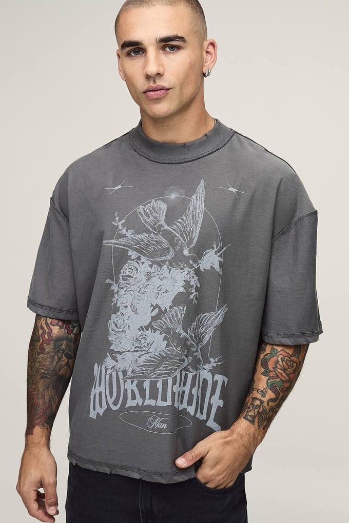 Oversized Boxy T-shirt Met Zichtbare Naden En Duivenprint | Charcoal | Size Medium