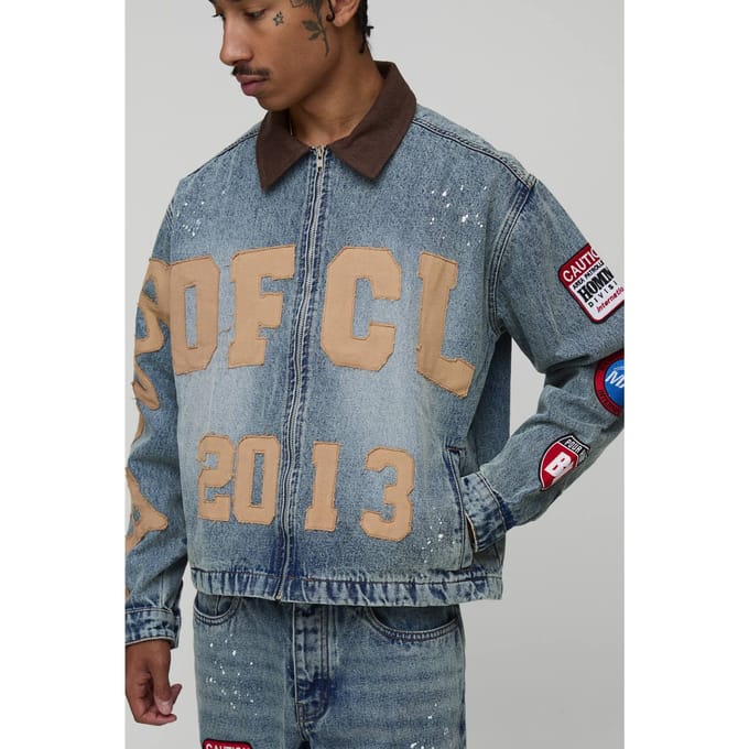 Oversized Boxy Paint Splatter Applique Denim Jacket | Antique Blue | Size Medium