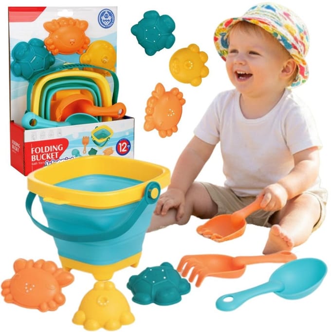 Woopie Baby-opvouwbare emmer met harkspatel en blauwe mallenset