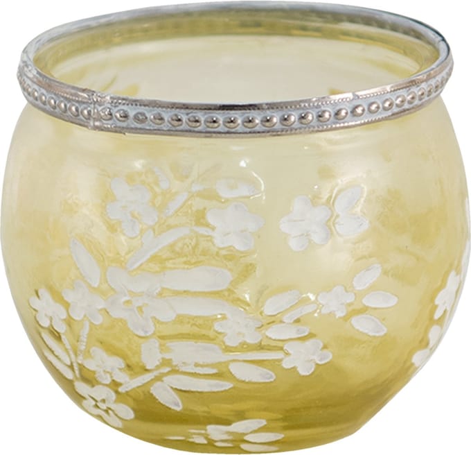 Clayre & Eef Theelichthouder Ø 10x9 cm Geel Wit Glas Bloemen