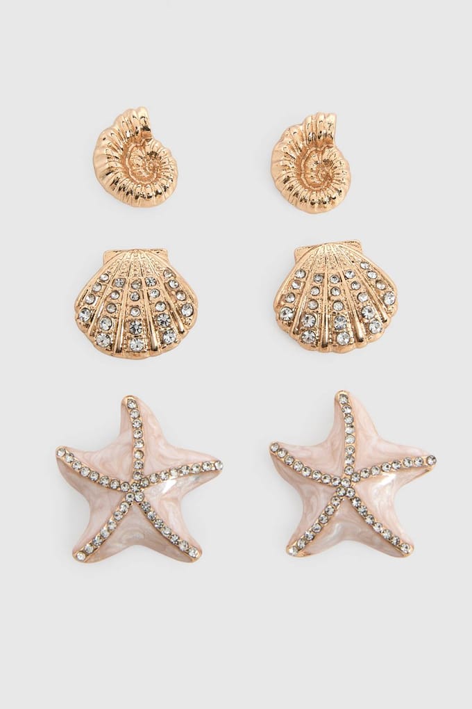 boohoo Dames Schelp & Zeester Oorbellen Knopjes 3-pack | Goud