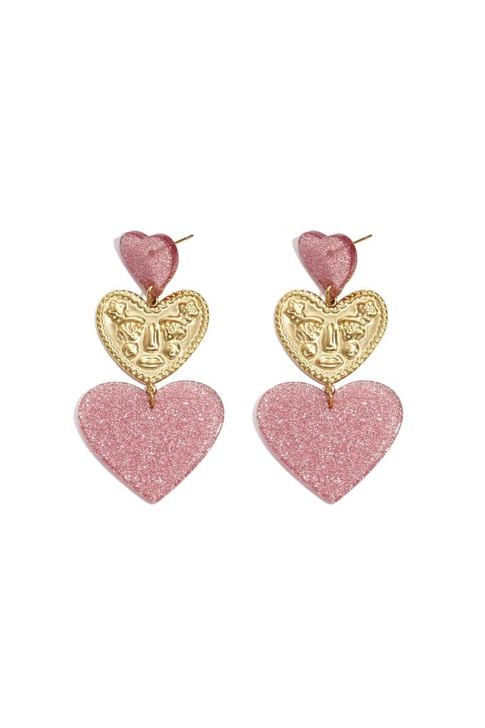 Statement oorbellen met glitter harten - Paars