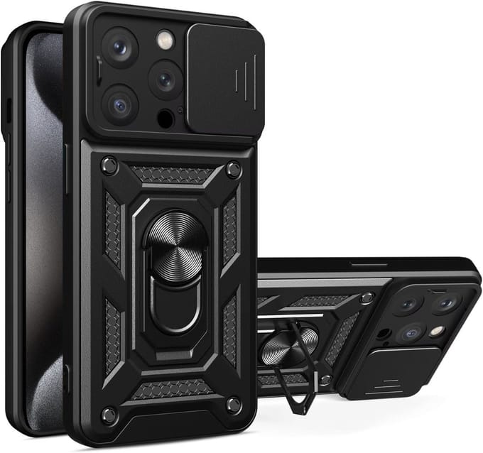 Hoesje geschikt voor iPhone 15 Pro Max met Ringhouder en Camera schuifje – Zwart