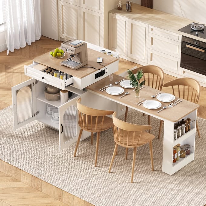 MODFU Uitschuifbare Keukeneilandtafel - Met Rollen En Ledverlichting - Scandinavisch - Voor Keuken En Eetkamer - MDF En Glas - Wit