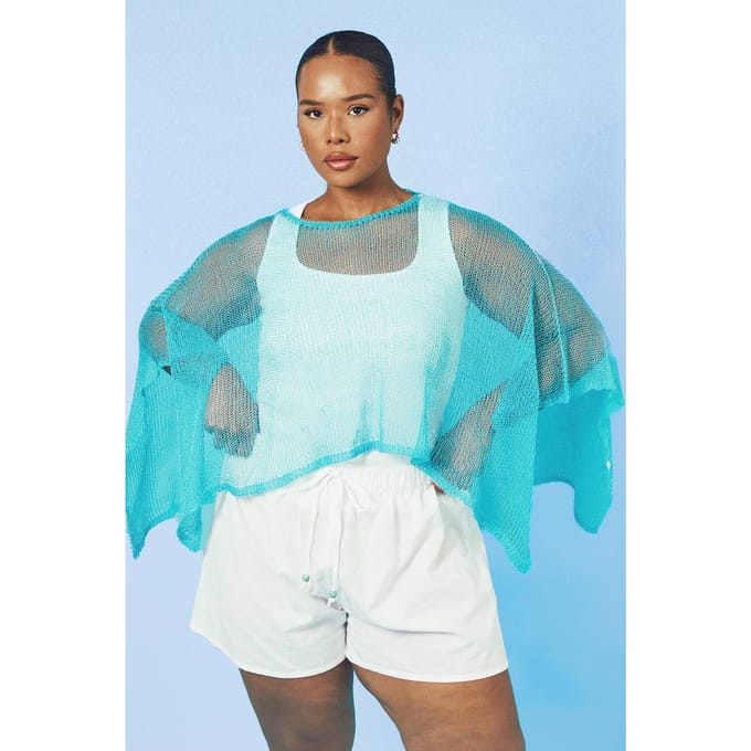 boohoo Dames Plus Lichtgewicht Gebreide Gehaakte Cape | Aqua | Maat: 24/26