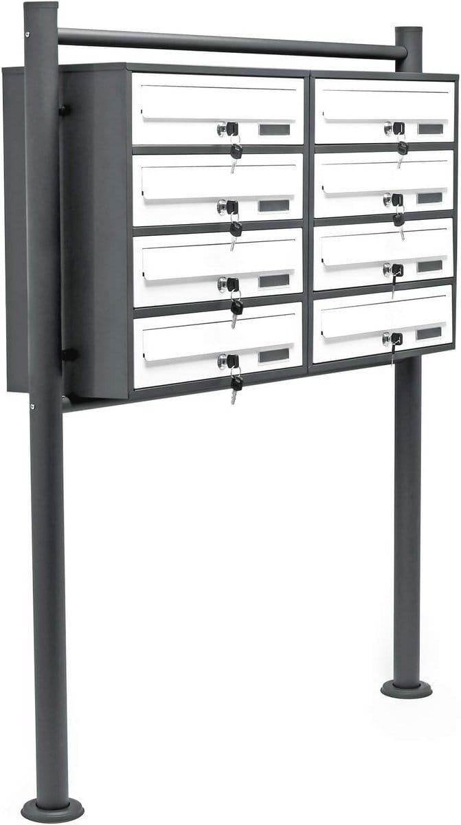 Mailboxsysteem met 8 brievenbussen en staande voet, poedercoating antraciet-wit